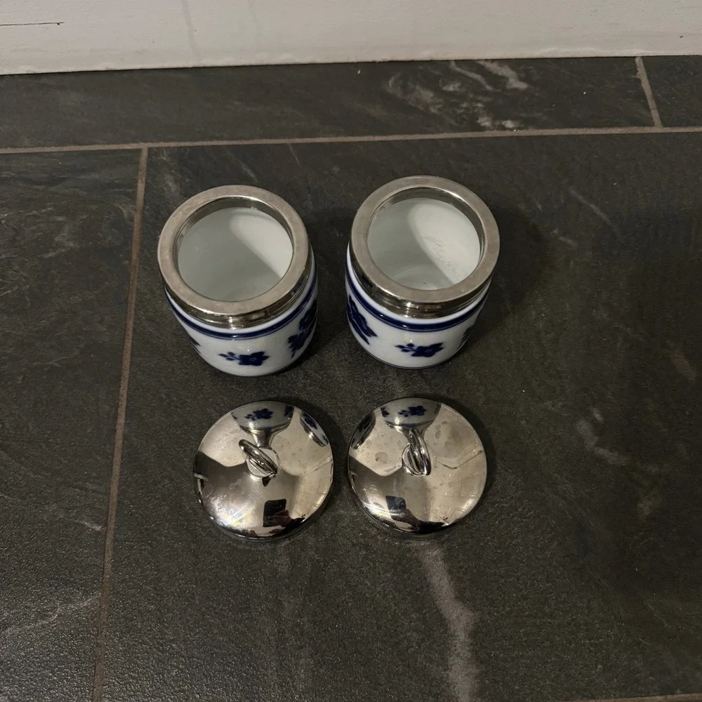 Williams Sonoma Blue Floral Porcelain Egg Coddlers Stainless Steel Lids Set of 2